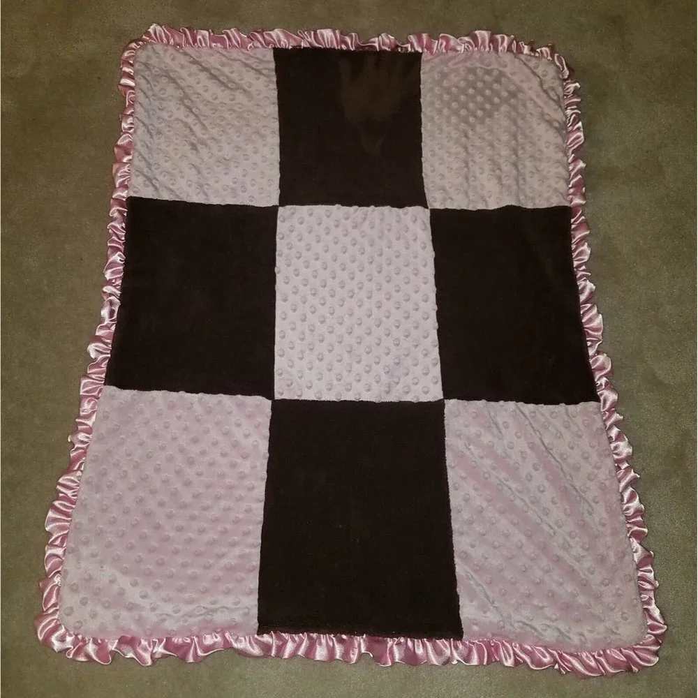RN 119741 Pink Brown Patchwork Fleece Baby Blanket Lovey Minky Dot Satin Ruffle